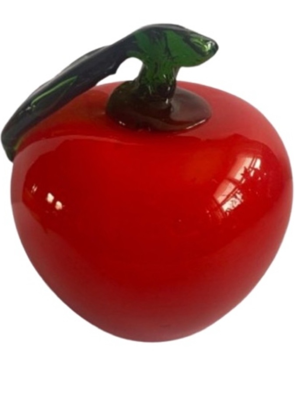 Hand Blown Glass Red Apple with Green Leaf Paper Weight Glass Art Home Decor